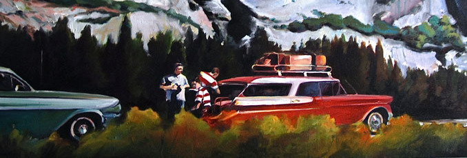 Grab Me a Coke nostalgic painting of Yosemite with staionwagon cars from the 1960's